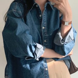 Women's Denim Shirt Korean Sle Early Spring Outfit Vintage Collar Loose Design Casual Shirt Long Sleeve Polo Collar Pure Color
