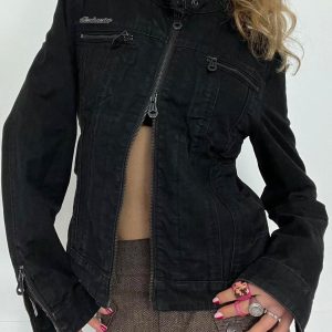 Rockmore Streetwear Double Zipper Denim Jackets Solid Casual Vintage Long Sleeve Outerwear Harajuku Cargo Style Women's Coats