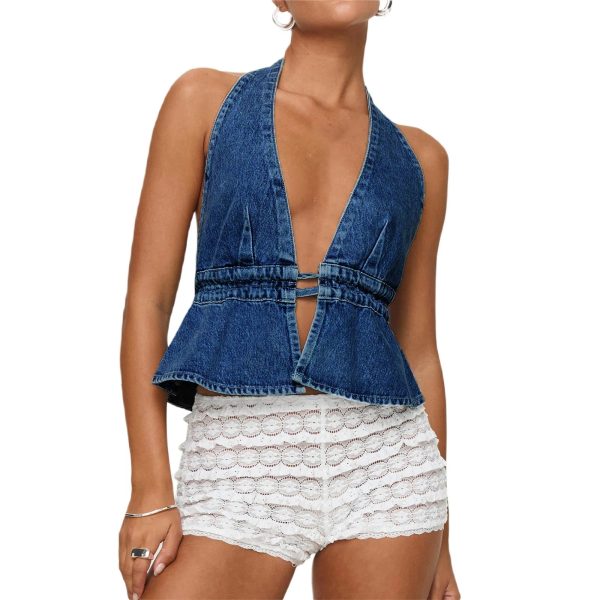 Combhasaki Women's Y2K Summer Halter Neck Crop Tops Bow Tie-up Sleeveless Deep V-Neck Backless Solid Color Denim Flare Vest - Image 8