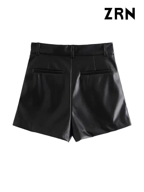 ZRN-Women's Faux Leather Shorts with Side Pockets, High Waist, Zipper Fly, Female Short Pants, Chic Fashion - Image 4