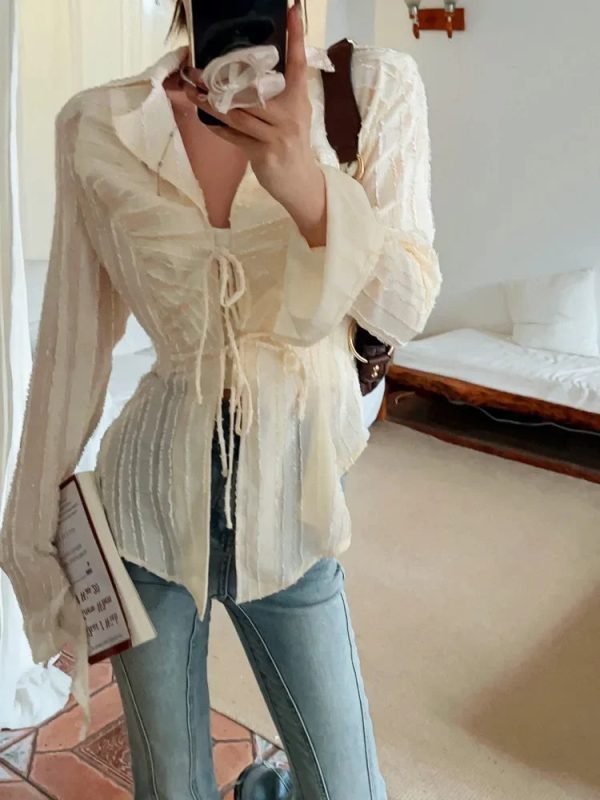 Fairycore Lace Up Blouse Women Long Sleeve New Turn Down Collar Shirts Feminina Ladies Cropped Tops Korean Fashion Chic - Image 5