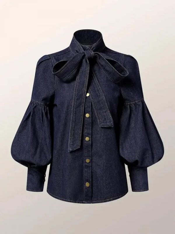 Gymystars New Trendy Imitation Denim Blouse Tops for Women Long Puff Sleeves Bow-Embellished High Neck Women's Autumn Shirts - Image 6