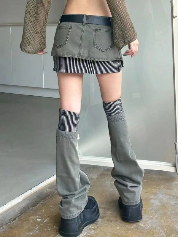 American retro patterned patchwork denim suit half skirt women Y2K irregular short skirt leg cover two-piece set for wearing - Image 4