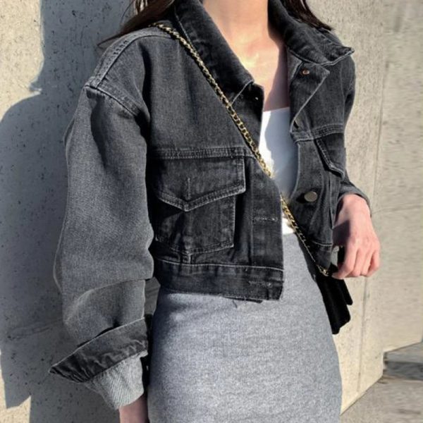 复古时尚短款无袖牛仔夹克金属单扣宽松长袖短款女式时尚秋季外套