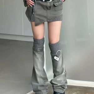 American retro patterned patchwork denim suit half skirt women Y2K irregular short skirt leg cover two-piece set for wearing