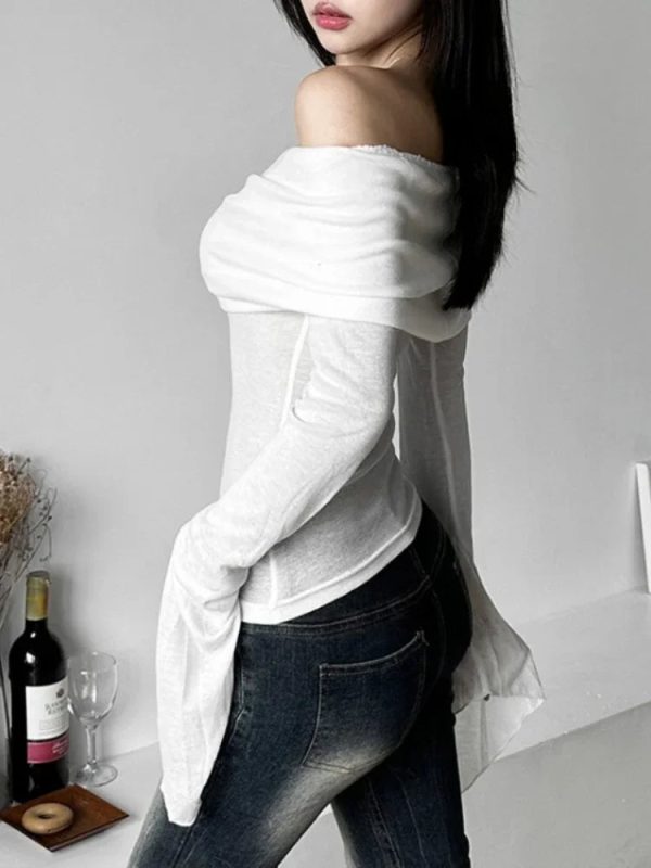 Y2k Aesthetic Women Translucence Tee Shirts Slash Neck Long Sleeve Solid Casual T-Shirts Vintage Off Shoulder Sexy Cute Tshirts - Image 5