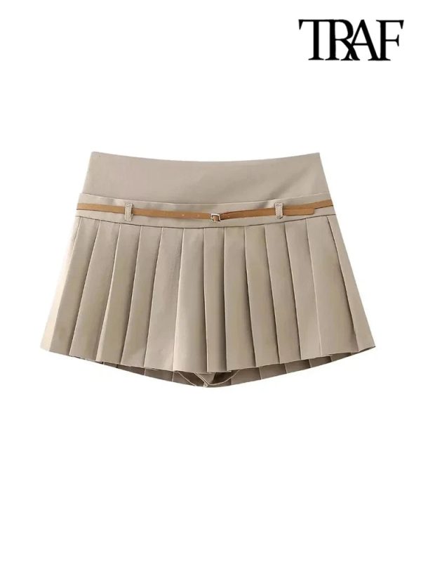 TRAF-Pleated Shorts Skirts for Women With Belt, Side Zipper, Mid Waist, Female Skort, Chic Fashion - Image 2