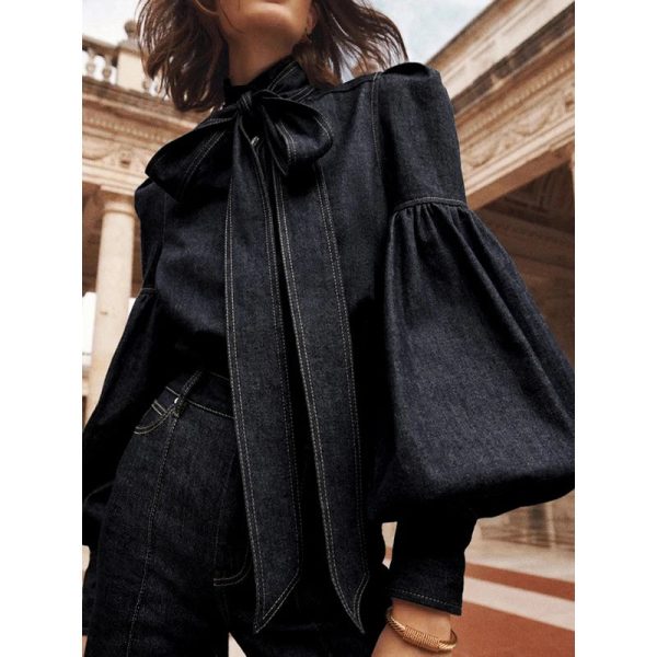 Gymystars New Trendy Imitation Denim Blouse Tops for Women Long Puff Sleeves Bow-Embellished High Neck Women's Autumn Shirts - Image 3