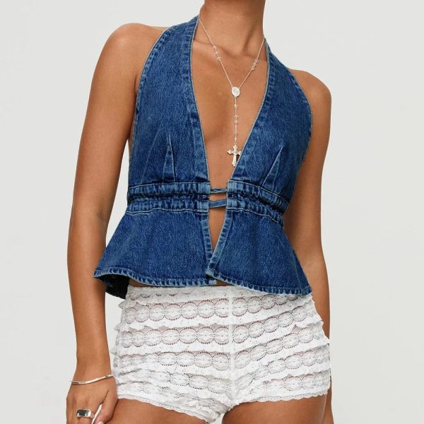 Combhasaki Women's Y2K Summer Halter Neck Crop Tops Bow Tie-up Sleeveless Deep V-Neck Backless Solid Color Denim Flare Vest - Image 2