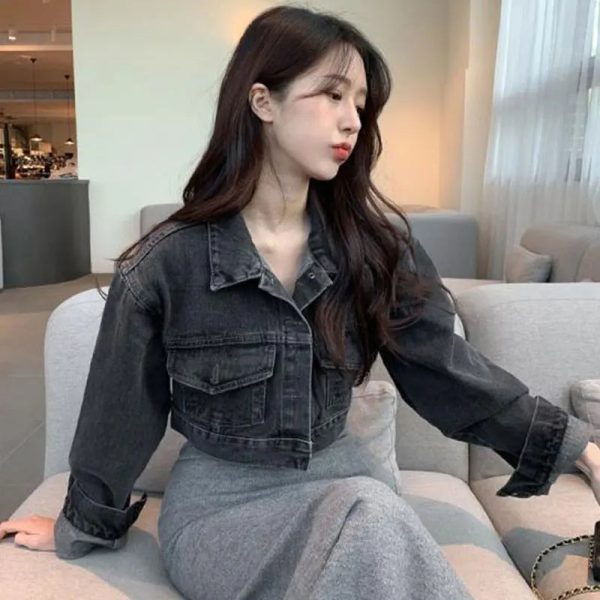 复古时尚短款无袖牛仔夹克金属单扣宽松长袖短款女式时尚秋季外套 - Image 4