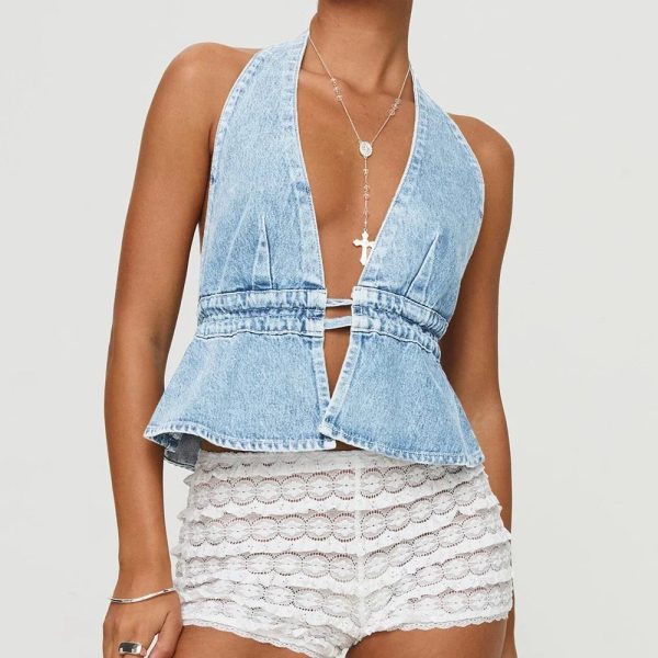 Combhasaki Women's Y2K Summer Halter Neck Crop Tops Bow Tie-up Sleeveless Deep V-Neck Backless Solid Color Denim Flare Vest - Image 3