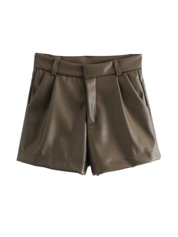 ZRN-Women's Faux Leather Shorts with Side Pockets, High Waist, Zipper Fly, Female Short Pants, Chic Fashion - Image 8