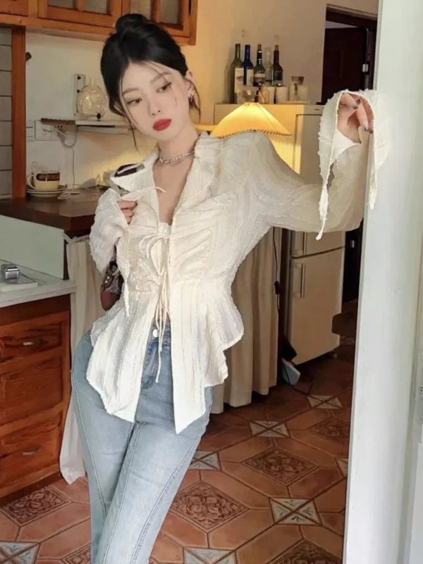 Fairycore Lace Up Blouse Women Long Sleeve New Turn Down Collar Shirts Feminina Ladies Cropped Tops Korean Fashion Chic - Image 4