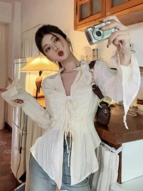 Fairycore Lace Up Blouse Women Long Sleeve New Turn Down Collar Shirts Feminina Ladies Cropped Tops Korean Fashion Chic - Image 2