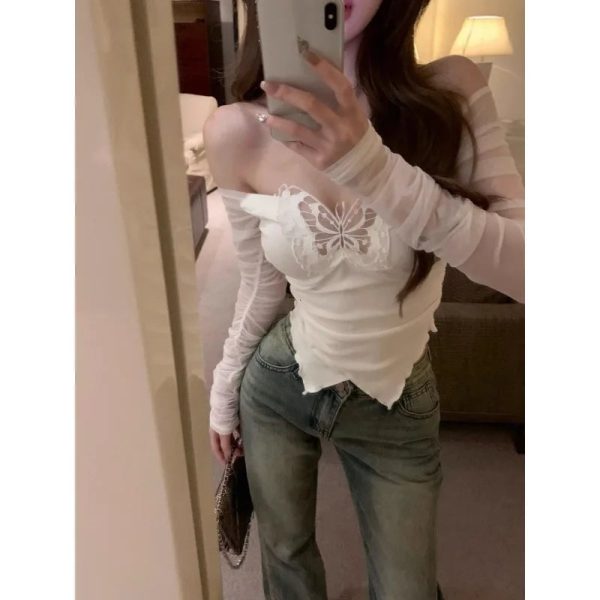 Korean Style Off Shoulder T Shirts Women Aesthetic Butterfly Cropped Mesh Tops Sexy Coquette Y2k Kpop Long Sleeve Tees - Image 2