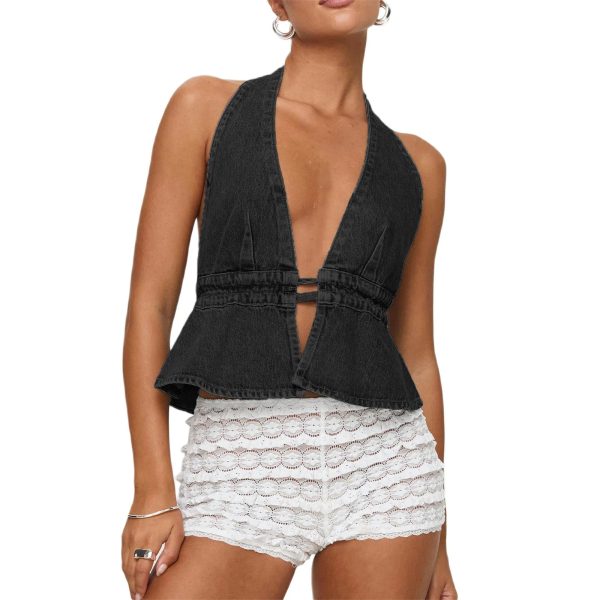 Combhasaki Women's Y2K Summer Halter Neck Crop Tops Bow Tie-up Sleeveless Deep V-Neck Backless Solid Color Denim Flare Vest - Image 10