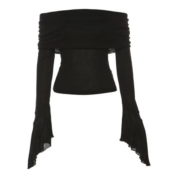 Y2k Aesthetic Women Translucence Tee Shirts Slash Neck Long Sleeve Solid Casual T-Shirts Vintage Off Shoulder Sexy Cute Tshirts - Image 8