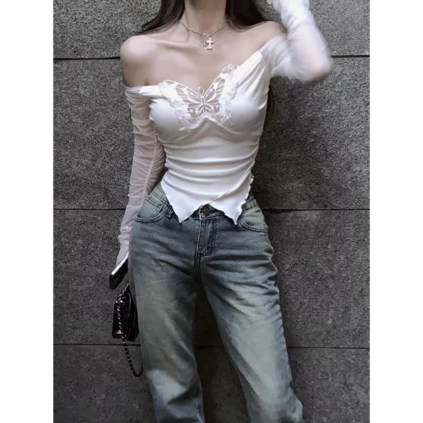 Korean Style Off Shoulder T Shirts Women Aesthetic Butterfly Cropped Mesh Tops Sexy Coquette Y2k Kpop Long Sleeve Tees - Image 4