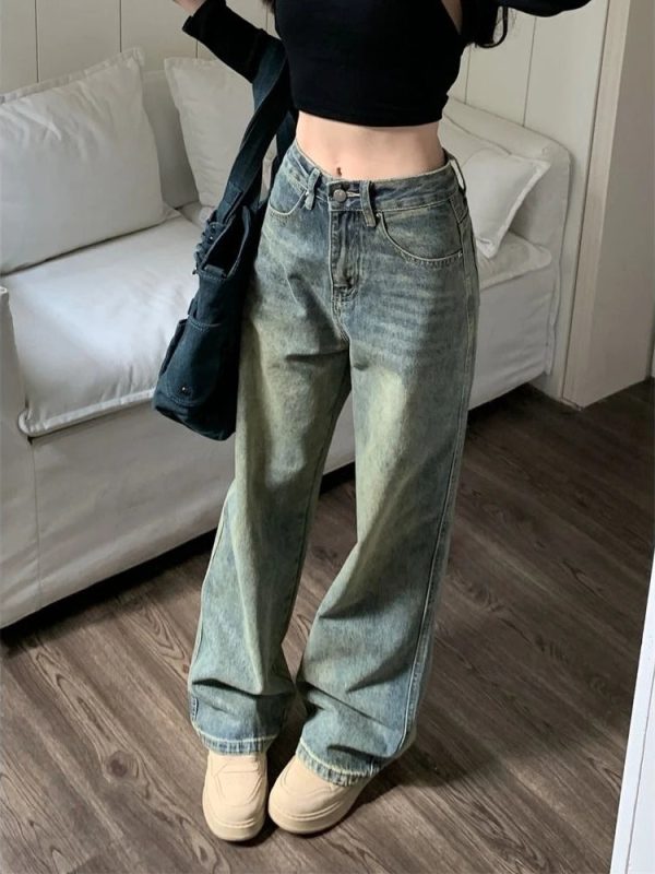 Deeptown Y2k Baggy Wide Leg Jeans Women Vintage Streetwear Washed Denim Pants