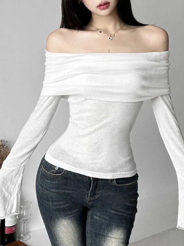 Y2k Aesthetic Women Translucence Tee Shirts Slash Neck Long Sleeve Solid Casual T-Shirts Vintage Off Shoulder Sexy Cute Tshirts - Image 4