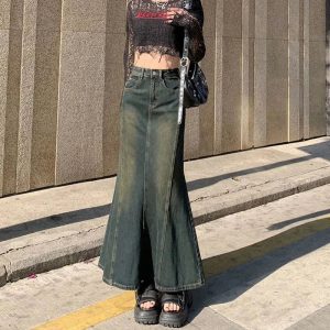 Biyaby Mermaid Denim Skirts Autumn Winter Woman Sexy Bandage Floor-Length Skirt Women Vintage Fashion High Waist Skirts Ladies