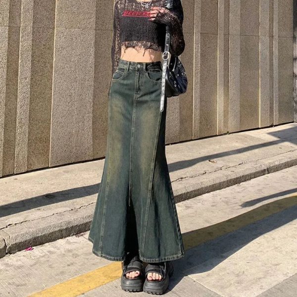 Biyaby Mermaid Denim Skirts Autumn Winter Woman Sexy Bandage Floor-Length Skirt Women Vintage Fashion High Waist Skirts Ladies