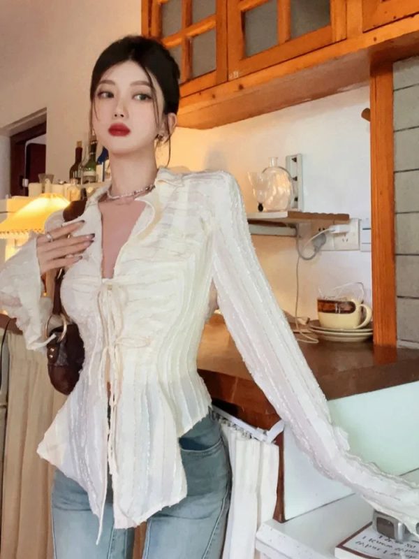 Fairycore Lace Up Blouse Women Long Sleeve New Turn Down Collar Shirts Feminina Ladies Cropped Tops Korean Fashion Chic - Image 3