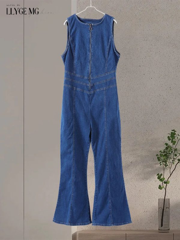 Vintage Denim Playsuit Women Slim O-neck Sleeveless Zipped Love Hollow Out Jumpsuit Female Summer Casual Suit Lady High Street - Image 6