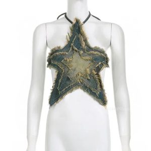 Distressed Star-shaped Crop Top Stitched Y2k Grunge Tie-up Backless Corset Tops Women Summer Streetwear Denim Shirts 90s - Image 5