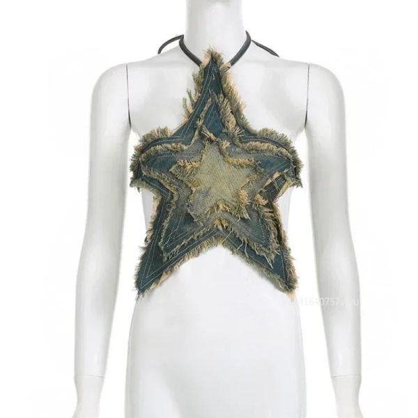 Distressed Star-shaped Crop Top Stitched Y2k Grunge Tie-up Backless Corset Tops Women Summer Streetwear Denim Shirts 90s - Image 5