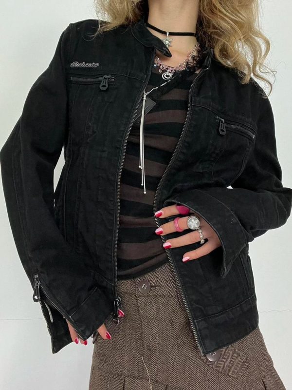 Rockmore Streetwear Double Zipper Denim Jackets Solid Casual Vintage Long Sleeve Outerwear Harajuku Cargo Style Women's Coats - Image 3