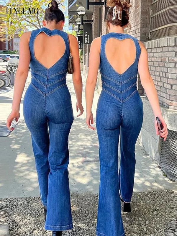 Vintage Denim Playsuit Women Slim O-neck Sleeveless Zipped Love Hollow Out Jumpsuit Female Summer Casual Suit Lady High Street - Image 2