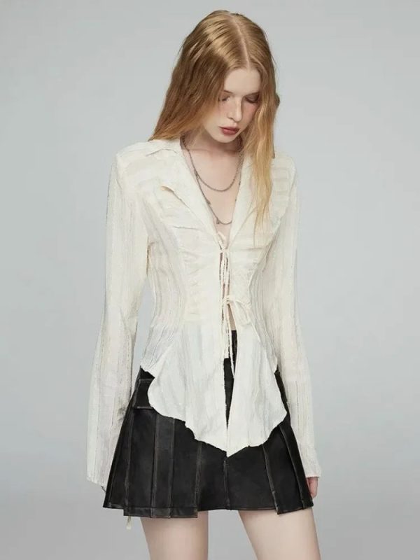 Fairycore Lace Up Blouse Women Long Sleeve New Turn Down Collar Shirts Feminina Ladies Cropped Tops Korean Fashion Chic - Image 6