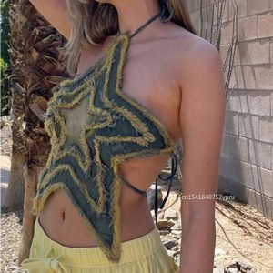 Distressed Star-shaped Crop Top Stitched Y2k Grunge Tie-up Backless Corset Tops Women Summer Streetwear Denim Shirts 90s - Image 3