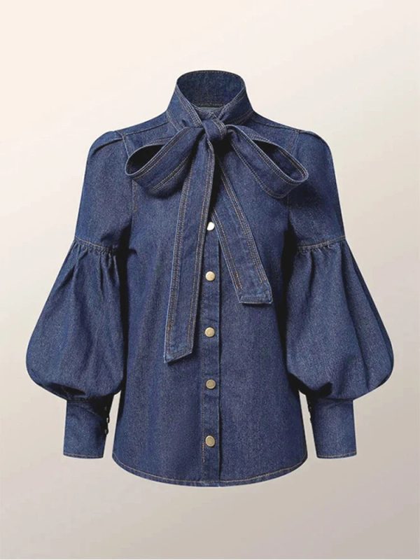 Gymystars New Trendy Imitation Denim Blouse Tops for Women Long Puff Sleeves Bow-Embellished High Neck Women's Autumn Shirts - Image 5