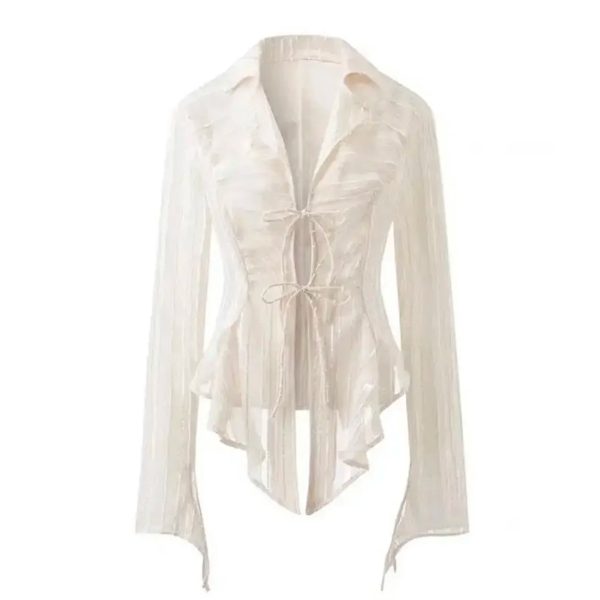 Fairycore Lace Up Blouse Women Long Sleeve New Turn Down Collar Shirts Feminina Ladies Cropped Tops Korean Fashion Chic - Image 7