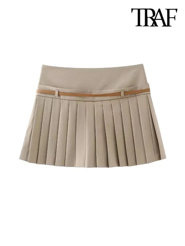 TRAF-Pleated Shorts Skirts for Women With Belt, Side Zipper, Mid Waist, Female Skort, Chic Fashion - Image 3