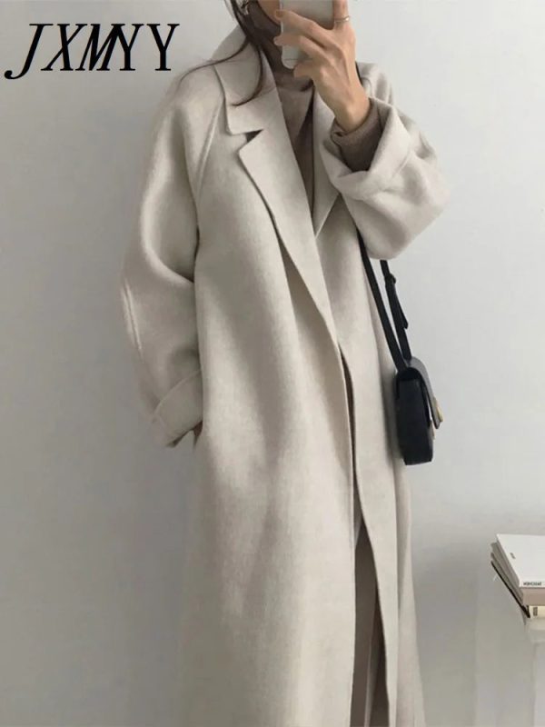 JXMYY French Lazy Style Warm Female Fresh Winter 2024 Classical Belt Retro Loose Women Woolen Coats Chic Casual Long Coat Long - Image 2