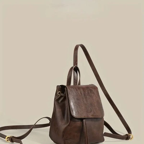 Small Drawstring Flap Backpack Women Mini PU Leather Textured School Backpack Fashion Travel Commuter Bag Girl Bakpacks - Image 4