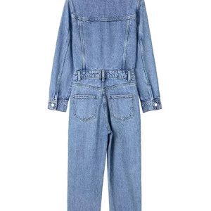 Autumn Denim Jumpsuit for Women Overalls Woman Jean Overalls Long Sleeve Elegant Jumpsuits Y2k Streetwear 2024 Turn Down Collar - Image 5