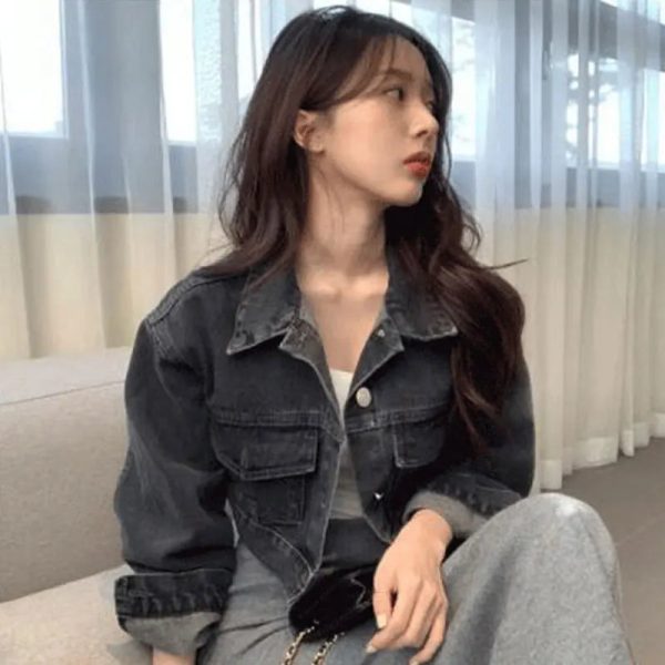 复古时尚短款无袖牛仔夹克金属单扣宽松长袖短款女式时尚秋季外套 - Image 3
