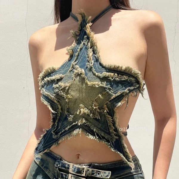 Distressed Star-shaped Crop Top Stitched Y2k Grunge Tie-up Backless Corset Tops Women Summer Streetwear Denim Shirts 90s - Image 2