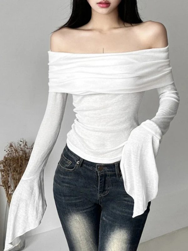 Y2k Aesthetic Women Translucence Tee Shirts Slash Neck Long Sleeve Solid Casual T-Shirts Vintage Off Shoulder Sexy Cute Tshirts - Image 6