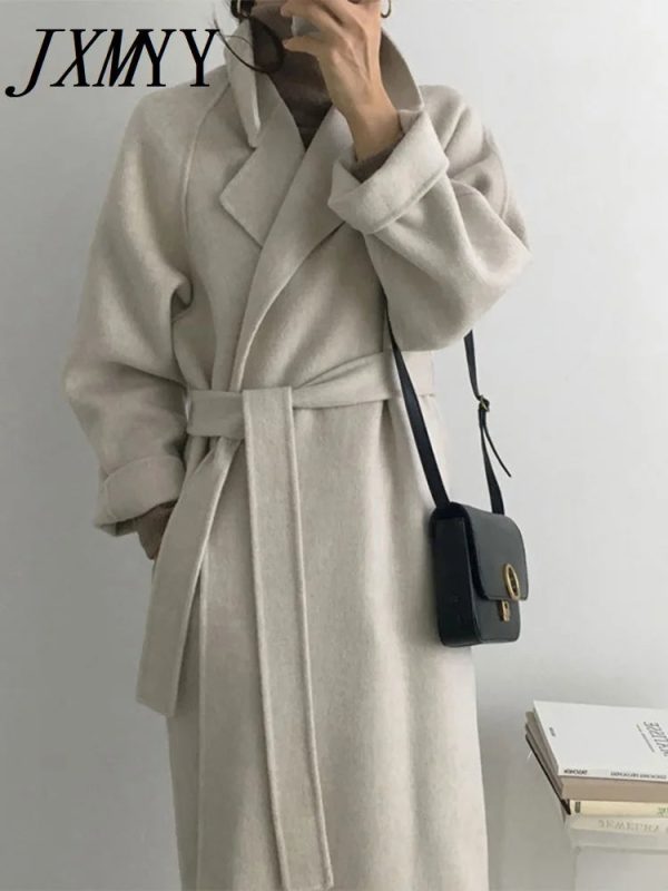 JXMYY French Lazy Style Warm Female Fresh Winter 2024 Classical Belt Retro Loose Women Woolen Coats Chic Casual Long Coat Long - Image 4