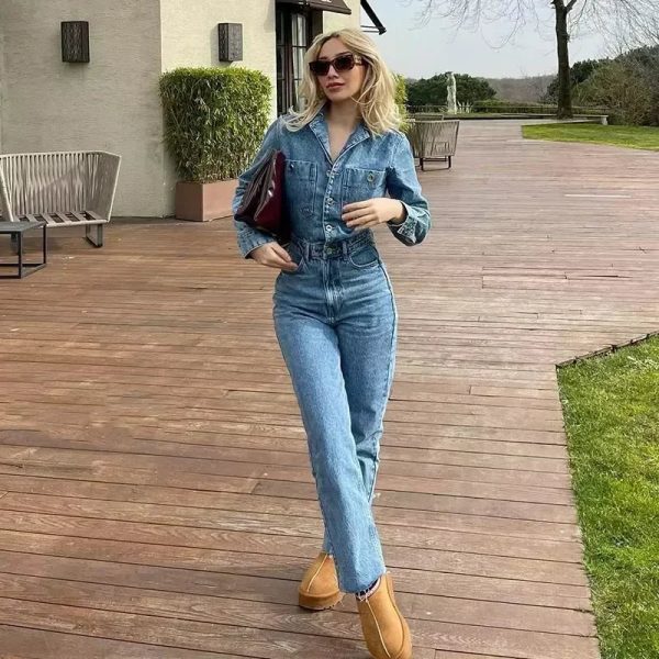 Autumn Denim Jumpsuit for Women Overalls Woman Jean Overalls Long Sleeve Elegant Jumpsuits Y2k Streetwear 2024 Turn Down Collar - Image 2
