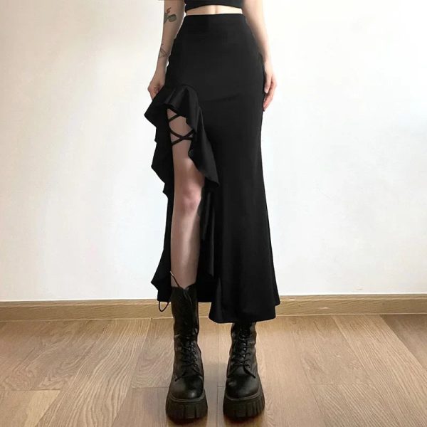 Gothic Black High Waist Bodycon Mid Skirt E-Girl Punk Ruffles Split A-Line Skirts Y2K Fashion Women Streetwear Bottoms - Image 7
