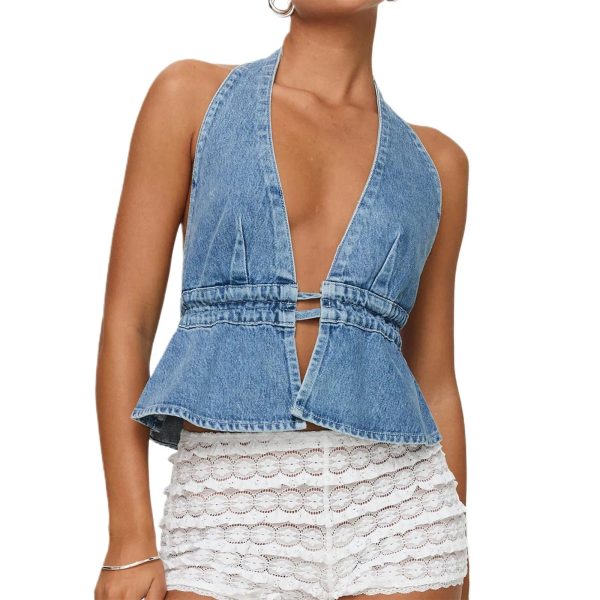 Combhasaki Women's Y2K Summer Halter Neck Crop Tops Bow Tie-up Sleeveless Deep V-Neck Backless Solid Color Denim Flare Vest - Image 9
