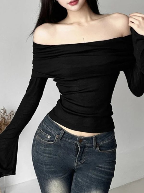Y2k Aesthetic Women Translucence Tee Shirts Slash Neck Long Sleeve Solid Casual T-Shirts Vintage Off Shoulder Sexy Cute Tshirts - Image 3