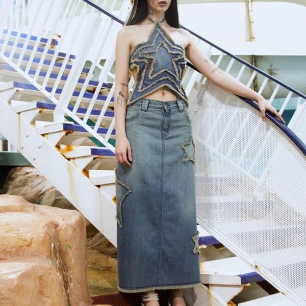 Distressed Star-shaped Crop Top Stitched Y2k Grunge Tie-up Backless Corset Tops Women Summer Streetwear Denim Shirts 90s - Image 4