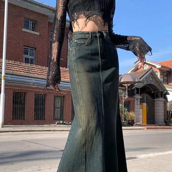 Biyaby Mermaid Denim Skirts Autumn Winter Woman Sexy Bandage Floor-Length Skirt Women Vintage Fashion High Waist Skirts Ladies - Image 4